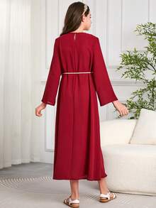 Tween Girls' Embroidered Patchwork Long Sleeve Belted Dress - Burgundy - View 2