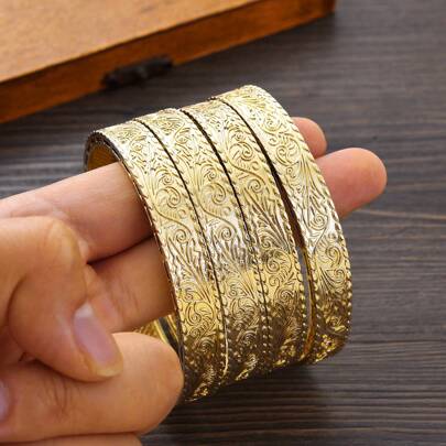 Classic Retro Golden Color Closed Bangle Bracelet, African Dubai Eritrean Women Wedding Jewelry Gift