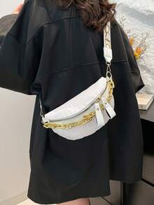 中号鳄鱼纹压花斜挎胸包兼零钱包，时尚链条装饰拉链腰包，配有可调节肩带，复古经典PU皮革女士单肩包，适合旅行和运动 - 白色 - 查看 6