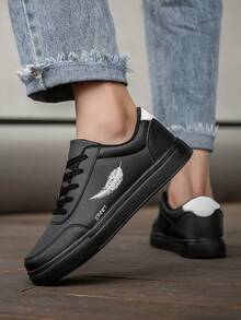 Men's Personalized Colorblock Letter Print Casual Shoes, Simple Versatile Outdoor Sports Lace-Up Flat Skateboard Sneakers - Black - View 10