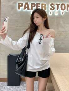 宽松百搭露肩长袖 T 恤，休闲优雅上衣，春夏 - 白色 - 查看 7