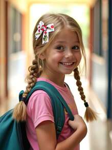 2 piezas Clips de lazo para el cabello para el regreso a la escuela para niñas, Clips de caimán con lazo lindo con regla, manzana, libros, pasadores de cinta grosgrán, pasadores de cabello para coletas de niña pequeña, regalo de uniforme para el primer día de clases y temporada de graduación, accesorios para el cabello de estudiantes en el aula.