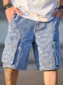 Pantaloni scurți casual bărbătești din denim albastru deschis, spălați, cu buzunare și imprimeu cu caju