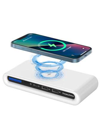 Cargador portátil multifunción 4 en 1 con doble USB, Tipo-C, carga inalámbrica de 15W para teléfonos inteligentes, auriculares Bluetooth, relojes inteligentes, tabletas (no es un banco de energía)