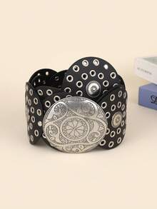 1 件装黑色 PU 圆盘拼接空心金属索环圆形女士腰带 夏季、秋季、万圣节