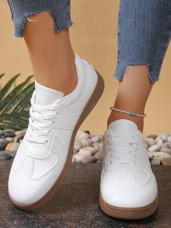 Pair Women's Outdoor Casual Sports Shoes, Metal Buckle Decor, Faux Leather, Lace-Up, Comfortable, Fashionable, New For Fall 2024