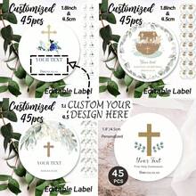 45 etiquetas personalizadas de hojas de eucalipto doradas para bautizo, etiquetas para caja con nombre de bautizo y fecha, apropiadas para decorar bolsas de regalo, cajas de dulces, útiles escolares, regreso a clases - Multicolor - Ver 1