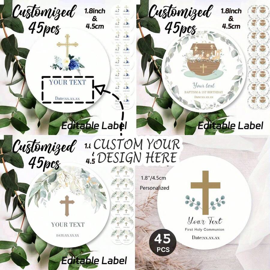 45 etiquetas personalizadas de hojas de eucalipto doradas para bautizo, etiquetas para caja con nombre de bautizo y fecha, apropiadas para decorar bolsas de regalo, cajas de dulces, útiles escolares, regreso a clases - Multicolor - Ver 1