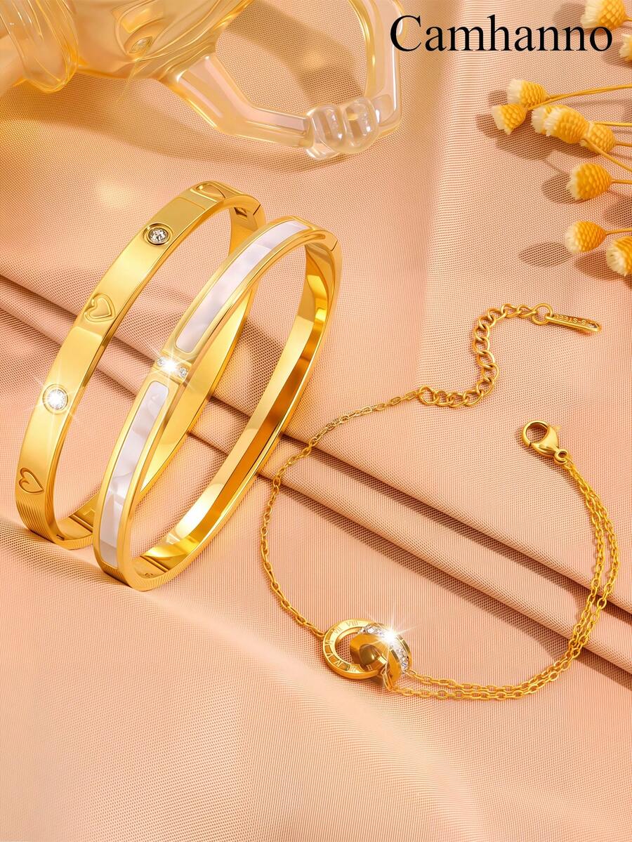 3pcs Simple And Elegant Personalized Stainless Steel Exquisite Jewelry The Perfect Gift For Friends And Couples Suitable For Parties And Birthday Parties Accessories Suitable For Men And Women - Gold - View 1