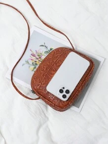 Torebka typu crossbody ze sztucznej skóry z wytłoczonym wzorem kwiatowym dla kobiet, modna, słodka torebka na telefon komórkowy, swobodna torba na ramię z zamkiem błyskawicznym