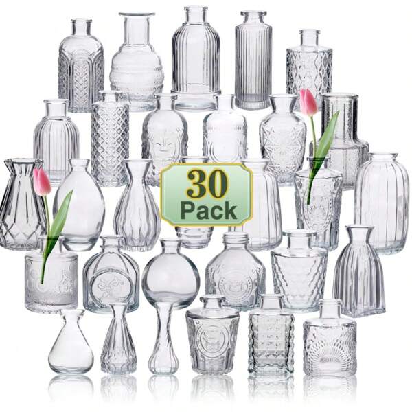30 piezas Juego de jarrones de vidrio vintage decorativos transparentes pequeños de estilo Ins, muy atractivos, para decoración de bodas, cumpleaños, regalos festivos, decoración del hogar y de habitaciones, jarrones para flores