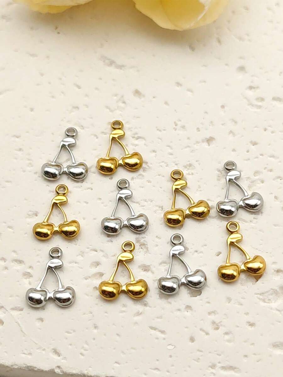 5pcs/Set Boho Style Plated Golden Stainless Steel Mini Cherry Pendant Necklace Kit, Unisex Suitable For Daily Wear, Summer Fresh Casual Jewelry Accessories - Small Cherry - View 1