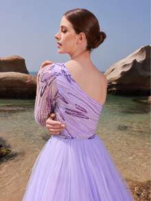 DELLA COUTURE Women Summer Elegant Light Purple Mesh Strapless Evening Gowns Handmade Beaded Exquisite Fashion Asymmetrical Neck Single Sleeve Slim Dress,Gorgeous Floor Length Dresses For Banquet, Dinner, Wedding And Other Formal Occasions Prom Guest Dress, Long Cocktail Gown, Party Dress - Mauve Purple - View 4