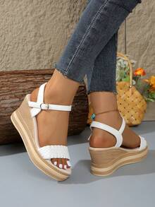 Sandalias de plataforma tejidas para mujer, zapatos de playa casuales de punta abierta con suela gruesa, sandalias cómodas con correa de hebilla, sandalias de verano - Blanco - Ver 3