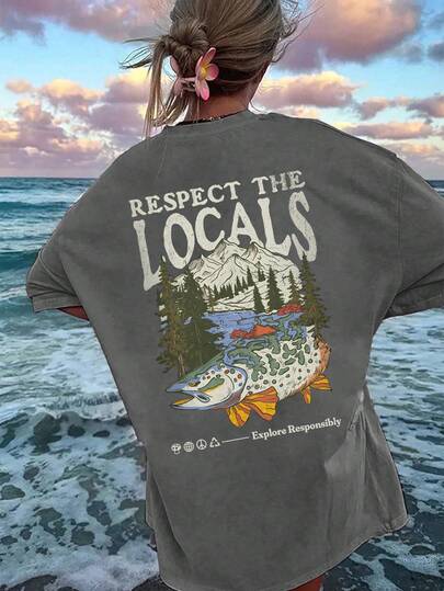 尊重当地人民 T 恤，舒适颜色，时尚鱼图案 T 恤，海洋风格，自然爱好者，衬衫