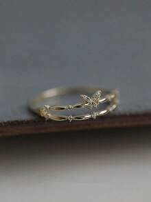 合金微镶嵌锆石几何蝴蝶可调节开口戒指，时尚奢华双层动物戒指女士珠宝 - 金黃色 - 查看 5