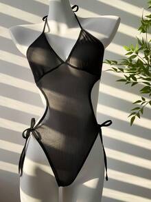 1 bộ đồ lót gợi cảm lưới rút dây dành cho nữ, bộ đồ bó sát trong suốt, bộ đồ liền thân, hoàn hảo cho việc bơi lội, tuần trăng mật, kỷ niệm, đêm hẹn hò, đêm lãng mạn để đi chơi - màu đen - Xem 2