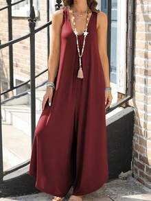 Mujeres Monos con Pernera Ancha y Sin Mangas, Cuello en V Fruncido, con Bolsillos - Burdeos - Ver 4