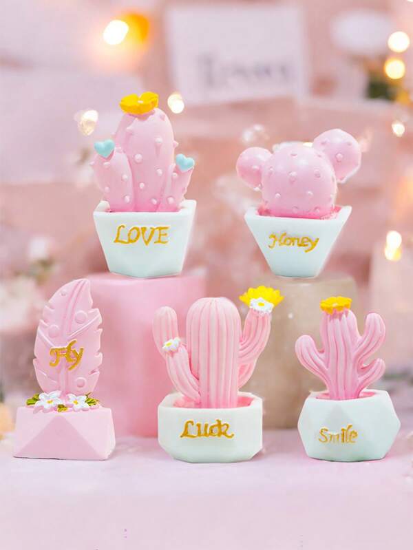 5/12 peças Mini decorações de cacto rosa - Vem com slogans de amor, ideal para decoração de mesa do Dia dos Namorados, com tema de desenho animado fofo, esses acessórios de decoração de resina são adequados para várias decorações internas, criando decorações de mesa adoráveis
