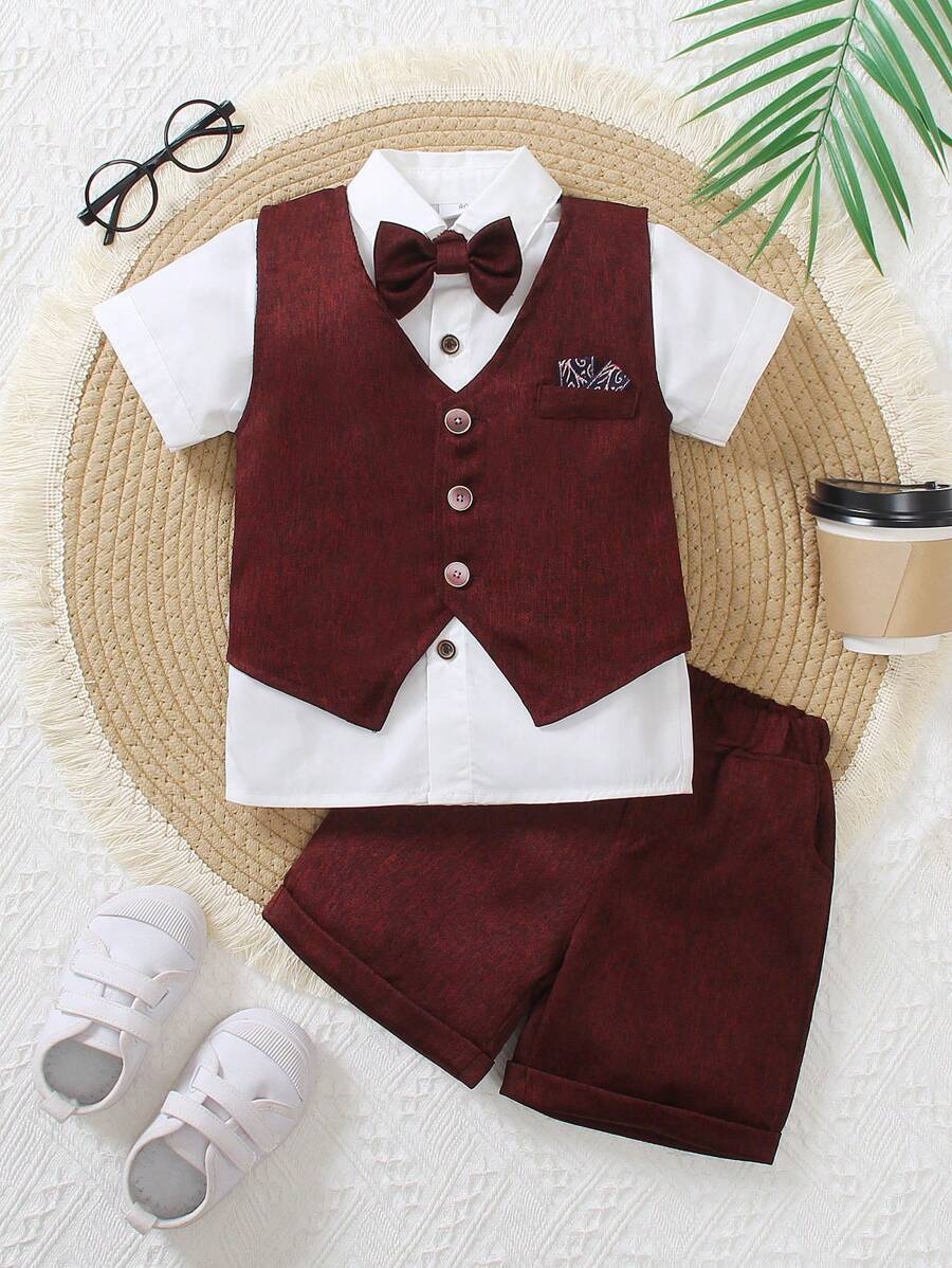 4 Stück 2025 Frühling/Sommer Jungen Formelle Kleidung - Weißes Kurzarmhemd, Fliege + Burgunder Weste und Shorts, modischer junger Herrenanzug für Geburtstagsfeiern, Hochzeiten, Weihnachten, Feiertage, Outdoor-Auftritte. Kragen Design, atmungsaktive Kinderformalbekleidung, Frühlings-/Sommerparty Outfit, Jungenanzug für Hochzeiten
