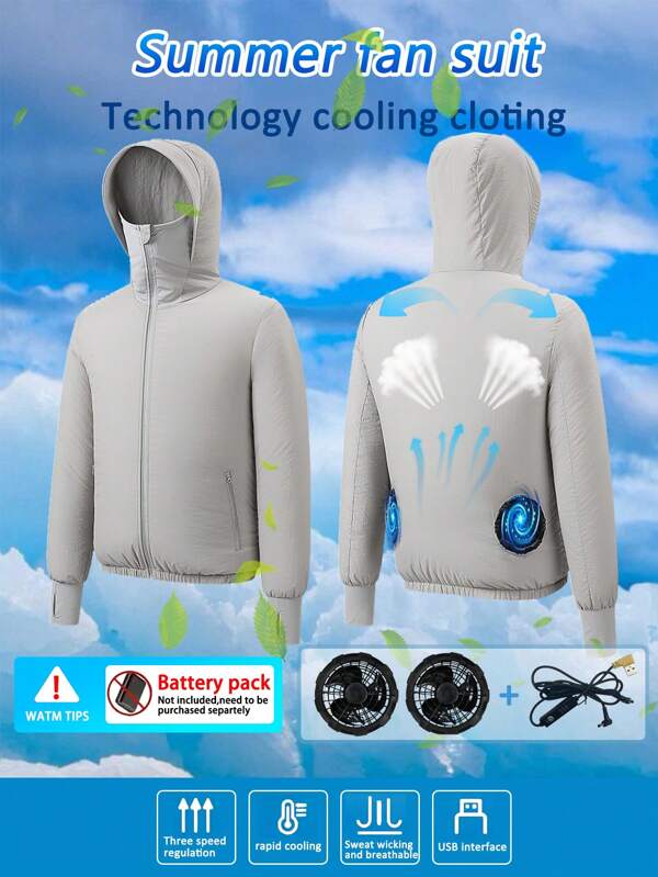 Herren Outdoor Arbeit Lässig Unifarbe Hoodie Klimaanlage Jacke mit USB Kühlventilator