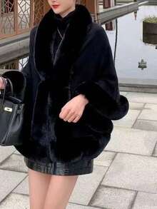 1pc New Faux Fur Collar Shawl Cardigan For Women, Solid Color Plus Size Knit Loose Wrap Shawl, Romantic Warm Cloak Dress Coat - A - 查看 7