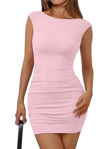 Women Summer Mini Dress Sleeveless Round Neck Solid Color Ruched Bodycon Short Dress - Pink - View 1
