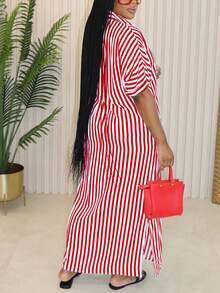 Plus Size Women's Striped & Printed Shirt Dress - 紅色 - 查看 5