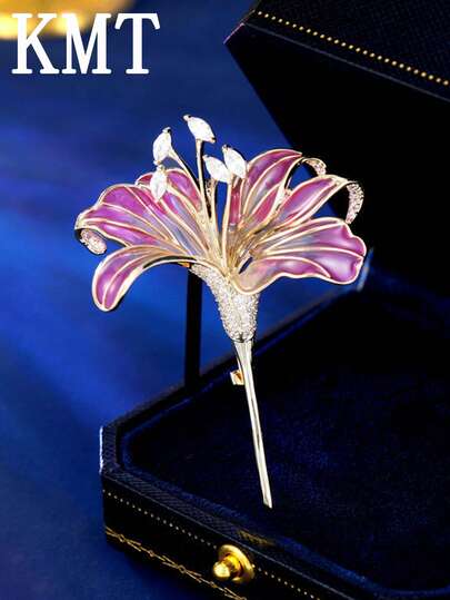 1 peça de cobre incrustado zircônia flor de lírio elegante broche de alta qualidade caixa de presente, presente de dia das mães, broche para a mãe