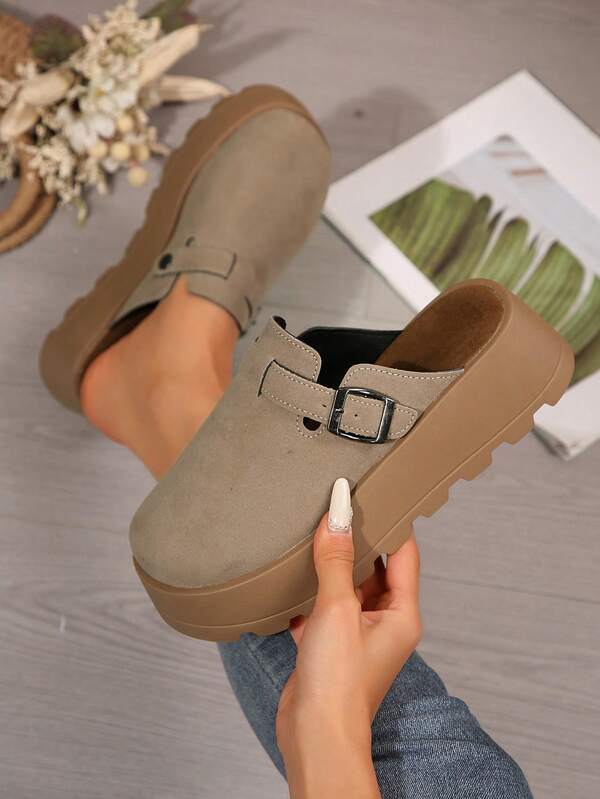 Novos sapatos femininos de 5 cm de sola grossa e bico redondo, sandálias casuais sem cadarço para atividades ao ar livre, bege, todas as estações