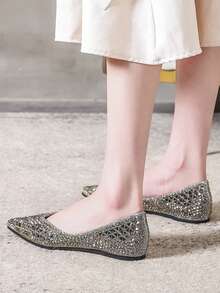 Women Diamond Shiny Gray Flat Slip-On Shoes, Fashion Versatile For Party & Spring/Fall, Comfortable Soft Sole Casual Pointed Toe Loafers, Suitable For Big Sizes 4.5-9 - Grey - View 4