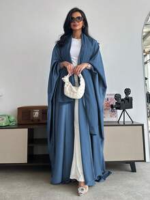 Kiểu dáng Abaya dài tay cánh dơi rộng rãi, màu trơn, kết hợp với khăn trùm đầu Hijab, Kaftan kín đáo cho dịp Eid mùa xuân. - Màu xanh hải quân - Xem 4
