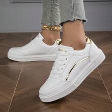 Nuevos tenis casuales blancos de moda para mujer, zapatos deportivos versátiles y planos, adecuados para primavera y otoño - Dorado - Ver 2