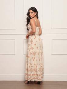 Women's Long Dress In Dune Fabric Print - Màu be - Xem 2