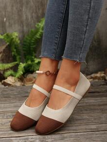 2025 Autumn Women Casual Soft Bottom Square Toe Elastic Band Color Block Flats, Suitable For Indoor And Outdoor Wear,Ballet Flats - Beige - View 2