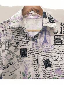 Vintage Graphic Print Collared Shirt, Elegant Long Sleeve Blouse, Women Top - Blue - View 3