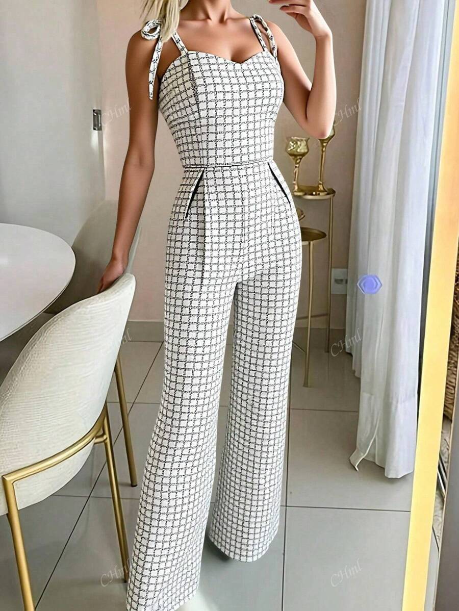 Women Elegant Plaid Print Drawstring Simplistic Everyday Jumpsuit
