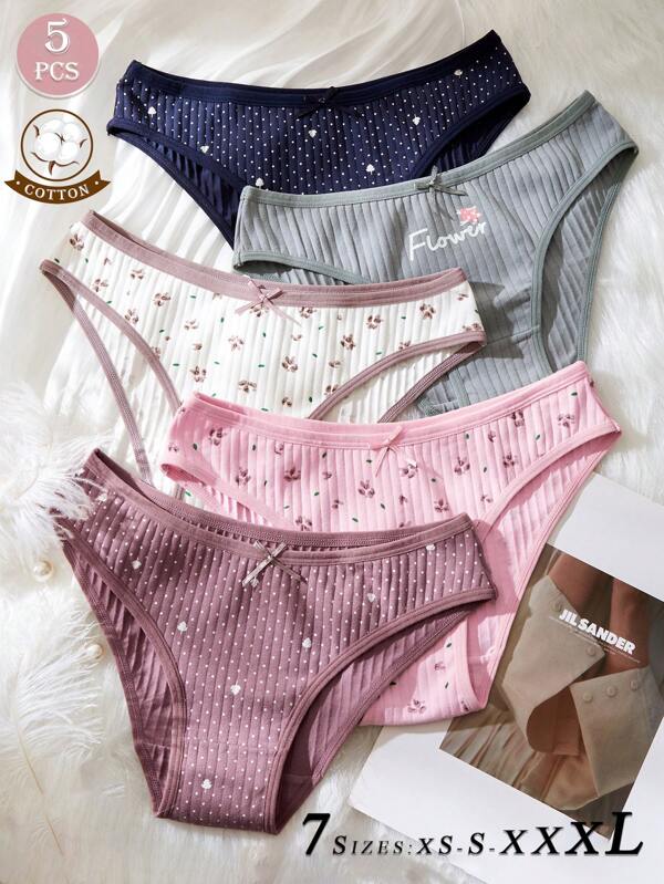 5pcs Women's Cotton Panties,Ribbed Knit Brief,Lace Edged Romantic Women's Sexy Lingerie,Bow Breathable Triangle Pants Underwear,Adult Student Cute Underwear&Sleepwear Set,Ditsy Floral Women Panties Underwear,Comfortable Breathable Briefs,Low Rise Bow Briefs, Printed Polka Dot Floral Briefs,Triangle Panties For Ladies' Daily Wear,Spring Basics Simple Panty,Mother's Day Gift Fashion Panties