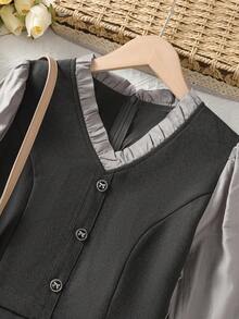 Grey 2 In 1 Dress, New Spring 2025 Collection, Long Sleeve Spliced Waist V-Neck Style, Work Appropriate - Dark Grey - View 3