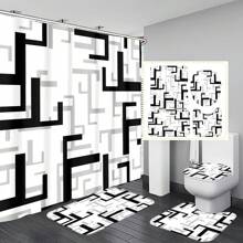 1pc/4pcs Abstract Modern Pattern Bathroom Waterproof Shower Curtain Set With 12 Hooks, Non-Slip Bath Mat, U-Shaped Contour Rug, And Round Toilet Lid Cover, Full Scene Bathroom Decor Set Back To School