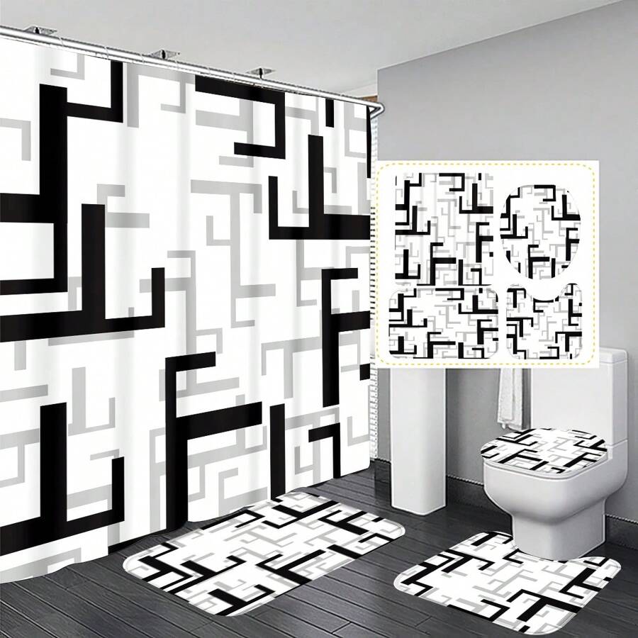 1pc/4pcs Abstract Modern Pattern Bathroom Waterproof Shower Curtain Set With 12 Hooks, Non-Slip Bath Mat, U-Shaped Contour Rug, And Round Toilet Lid Cover, Full Scene Bathroom Decor Set Back To School