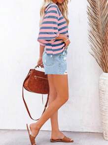 Casual Minimalist Striped Pattern Round Neck Short Sleeve Loose Women's T-Shirt, Suitable For Summer, Oversized T Shirt