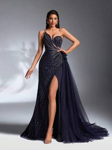 IBTRLY 新款奢华优雅藏蓝色不对称领亮片刺绣拼接针织高开衩至大腿腰部3D网纱荷叶边及地正式礼服，适合派对、婚礼宾客及其他场合。 - 藏蓝色 - 查看 7