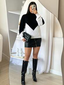 Women's Turtleneck Knit Winter New Arrival Dropped Shoulder High Quality Blouse - Đen và Trắng - Xem 5