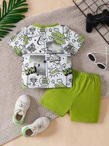 2pcs/Set Infant Baby Boy Letter Random Print Short Sleeve T-Shirt & Casual Cargo Shorts Set, Fashionable