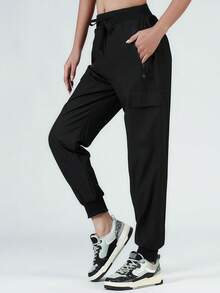 女士夏季速干跑步裤，带拉链口袋 - 时尚休闲透气慢跑裤，适合跑步、锻炼和日常活动 - 黑色 - 查看 2