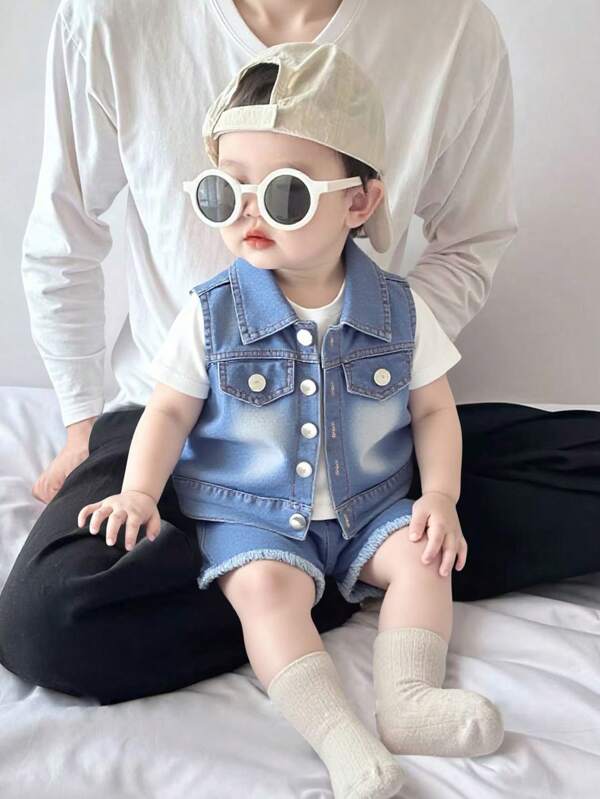3pcs/Set Baby Boys' Casual Fashion Sleeveless Denim Vest + Solid Color Round Neck Top + Stylish Denim Shorts