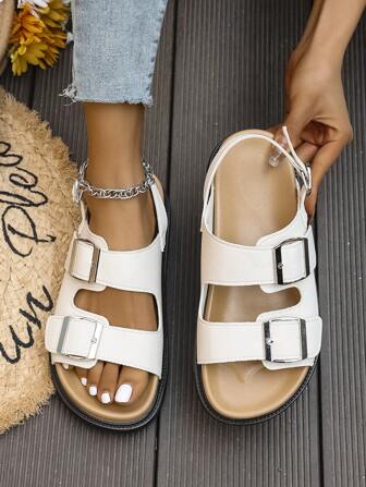 Vintage Thick Sole Women's Sandals, 2025 New Summer Double Strap Flat Strap Open Toe Roman Sandals For Outdoor Wear