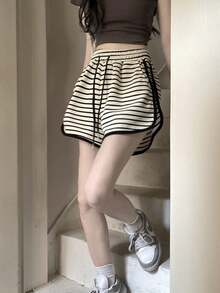 Blanco y negro a rayas pantalones cortos deportivos mujeres verano suelta picante cintura alta delgada A-line pierna ancha pantalones calientes - Albaricoque - Ver 6