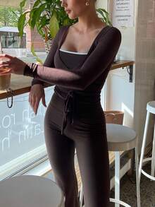 Yoga Sets Y2k Two Piece Workout Sets For Women Casual Solid Color Long Sleeve Workout Tops Cross Wrap Tie Deep V Neck Bandage Surplice Wrap Crop Top T Shirt And Elastic Flare Pants Set Skinny Bell Bottom Leggings Fitness Gym Athletic Sportswear Dance Ball - Coffee Brown - View 7